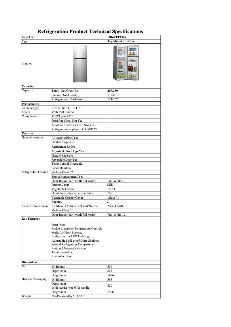 Page 1 de la notice Fiche technique Hisense HR6TFF230S