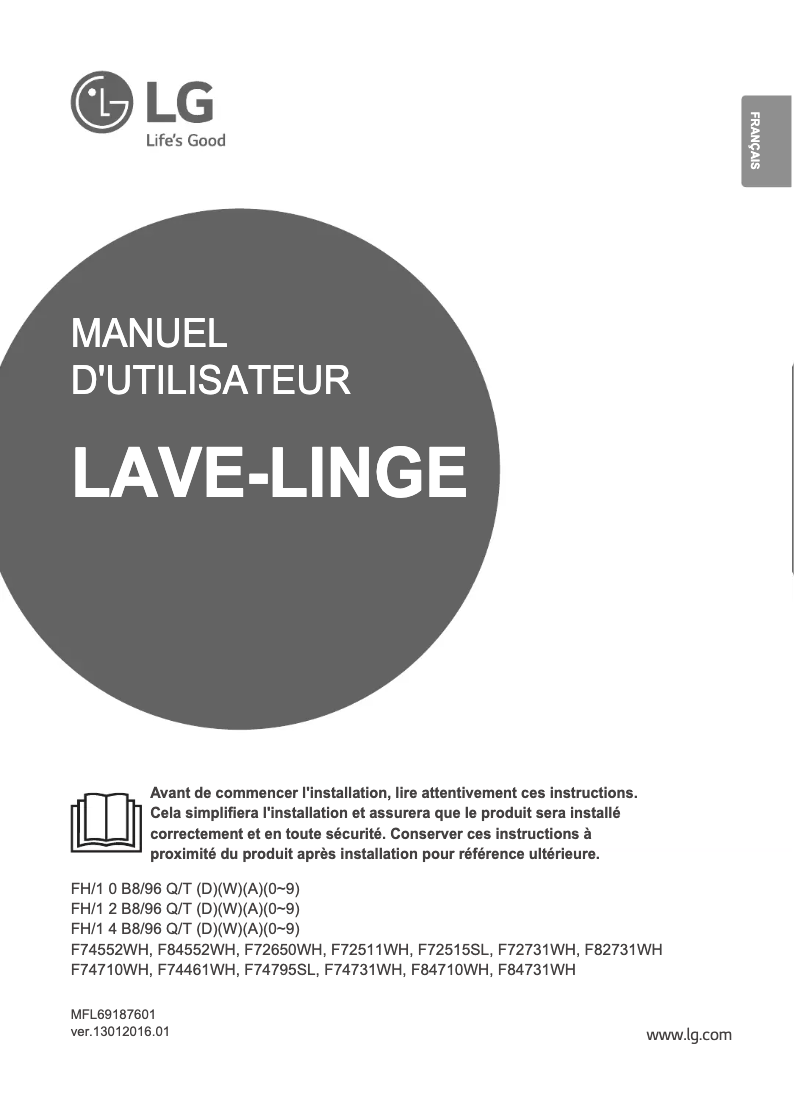 Page 1 de la notice Manuel utilisateur LG F84710WH