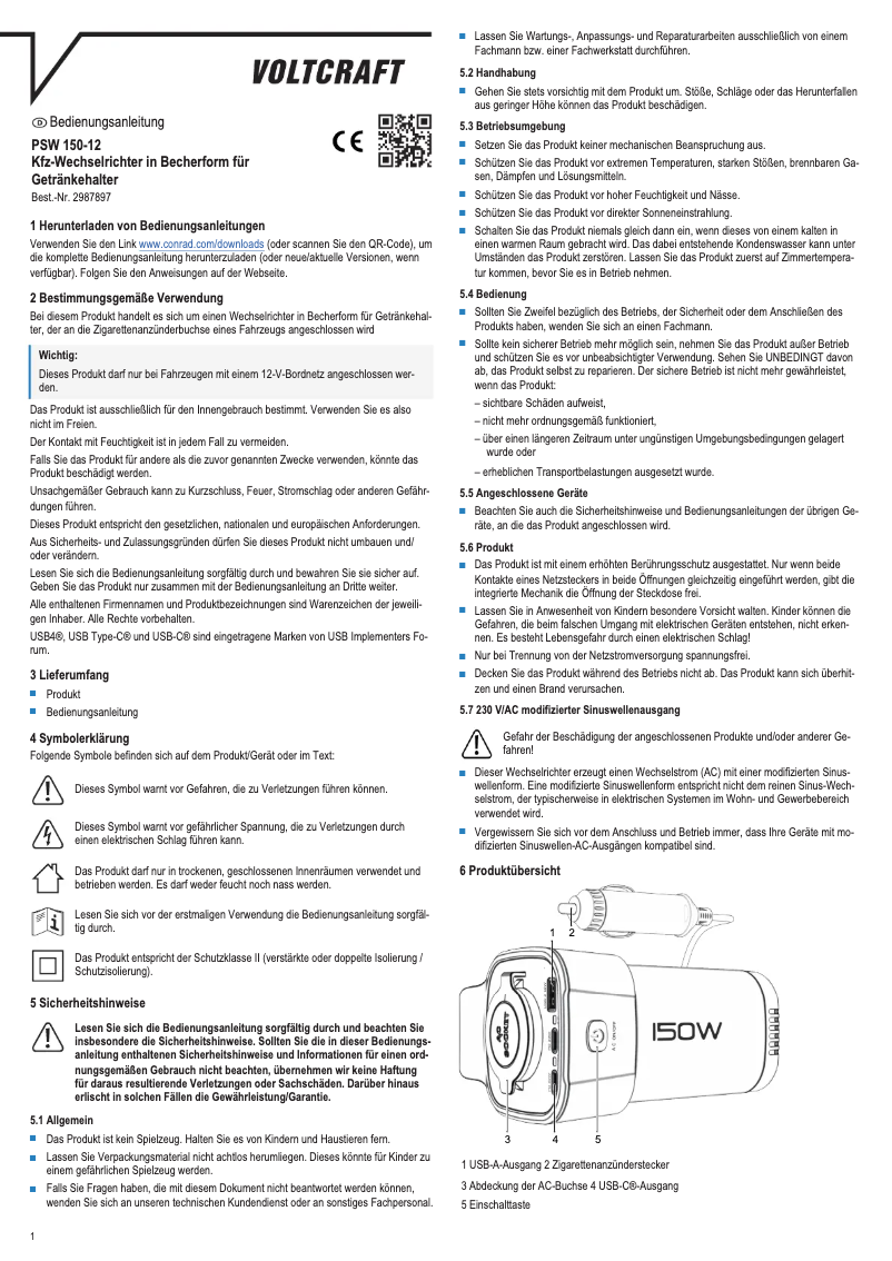 Page 1 de la notice Manuel utilisateur Voltcraft PSW 150-12