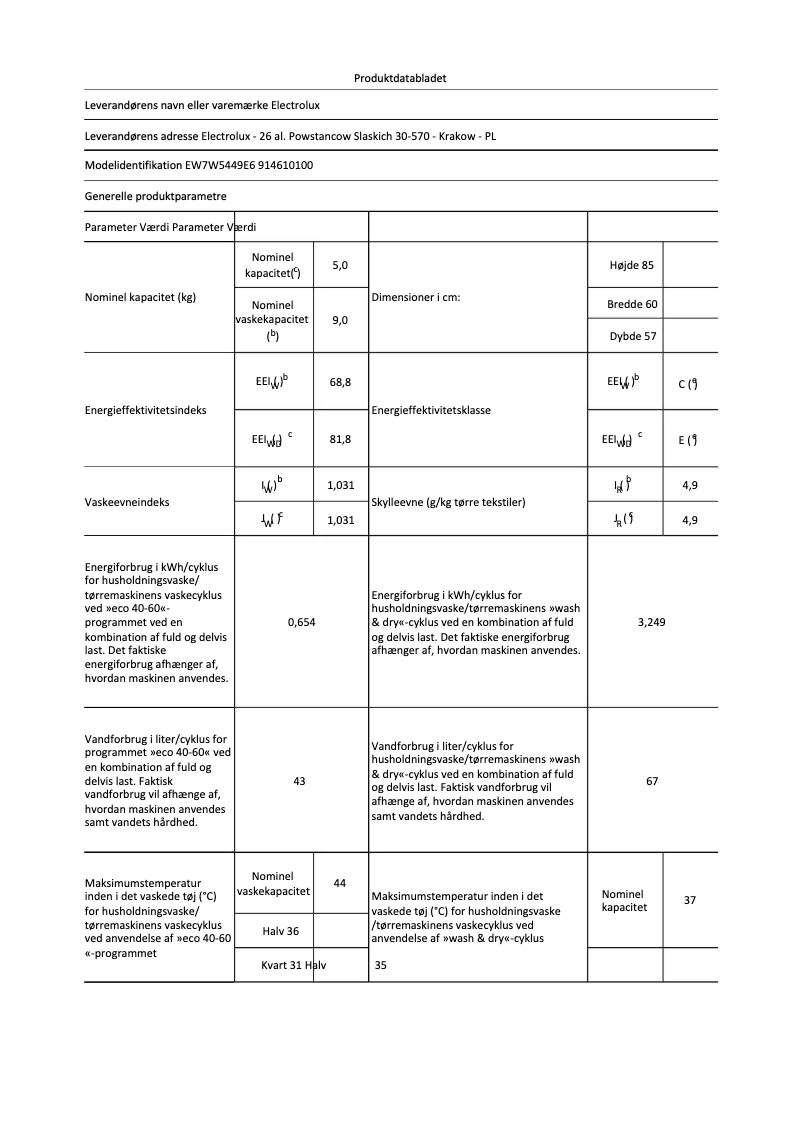 Page 1 de la notice Fiche technique Electrolux EW7W5449E6