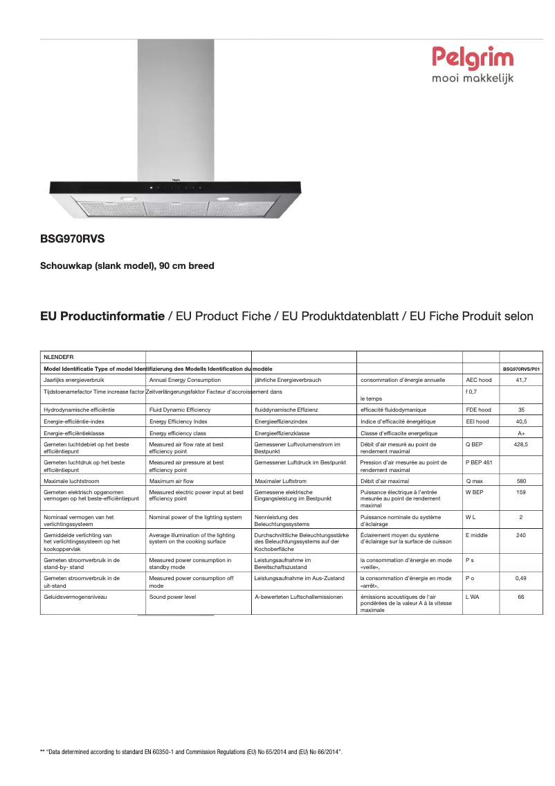 Page 1 de la notice Fiche technique Pelgrim BSG970RVS