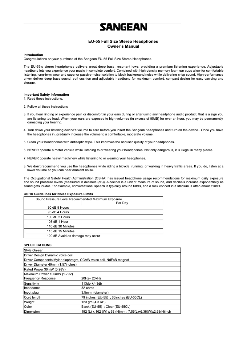 Página 1 del manual Manual de usuario Sangean EU-55