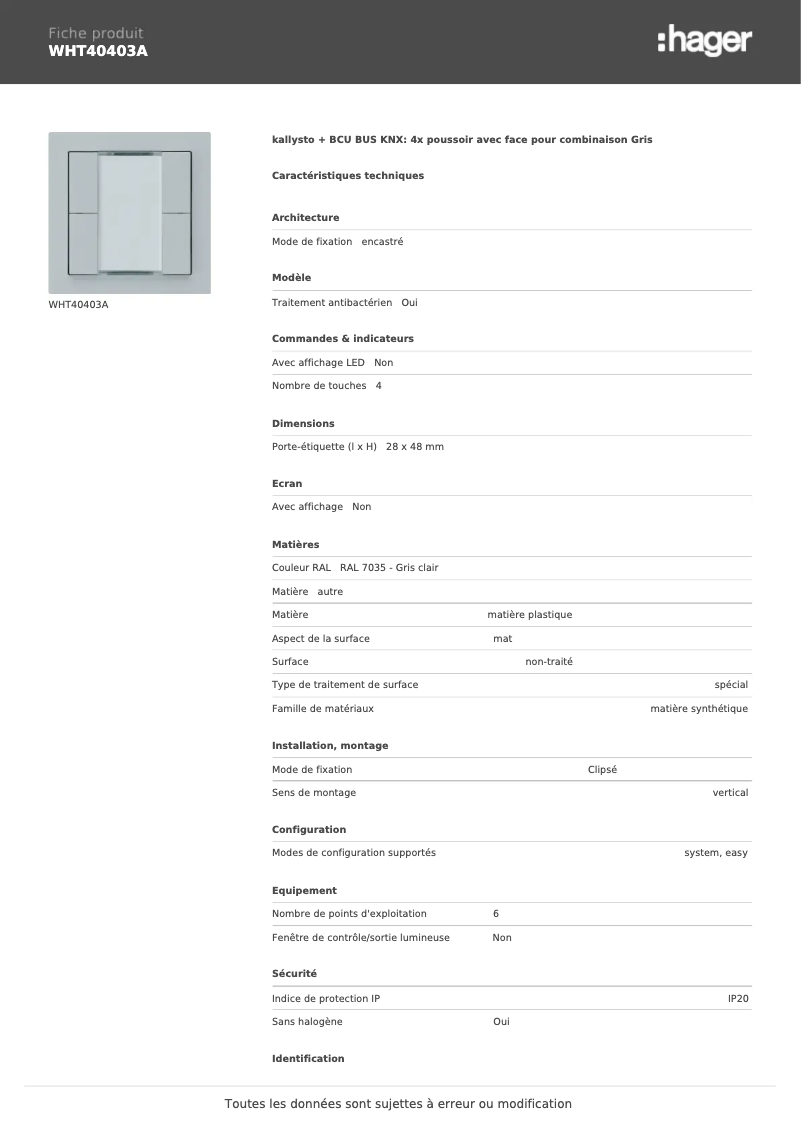 Page 1 de la notice Fiche technique Hager WHT40403A
