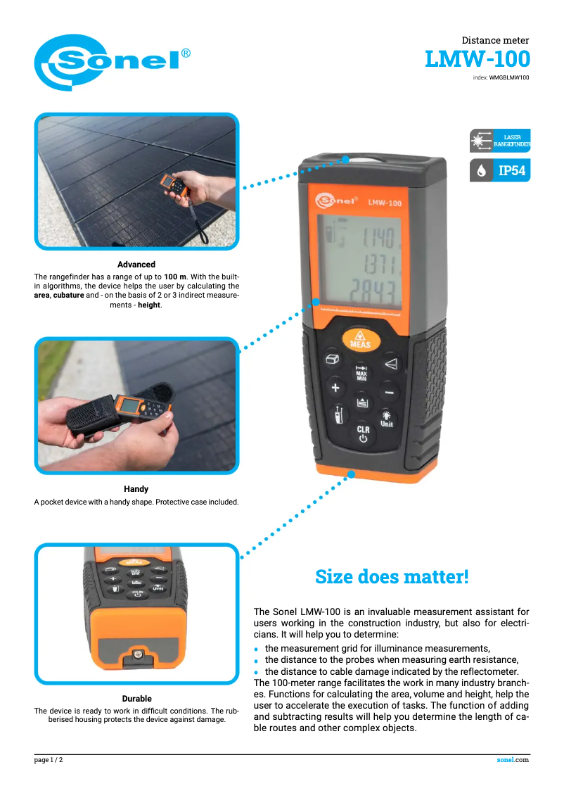 Page 1 de la notice Fiche technique Sonel LMW-100