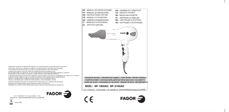 Page 1 de la notice Manuel utilisateur Fagor SP-1805AC