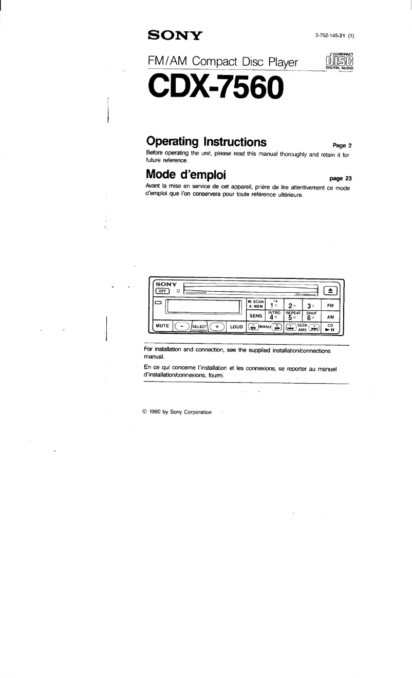 Page 1 de la notice Manuel utilisateur Sony CDX-7560