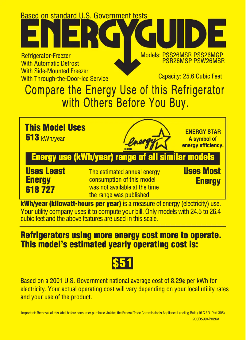 Page 1 de la notice Label énergétique GE Profile PSS26MGPCC