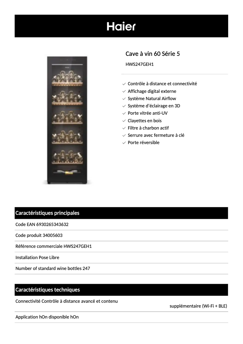 Page 1 de la notice Fiche technique Haier HWS247GEH1