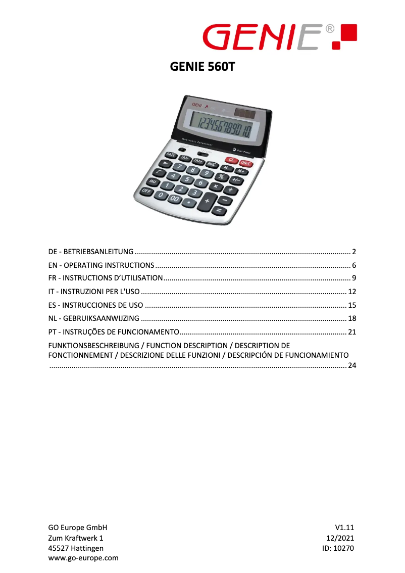 Page 1 de la notice Manuel utilisateur Genie 560 T