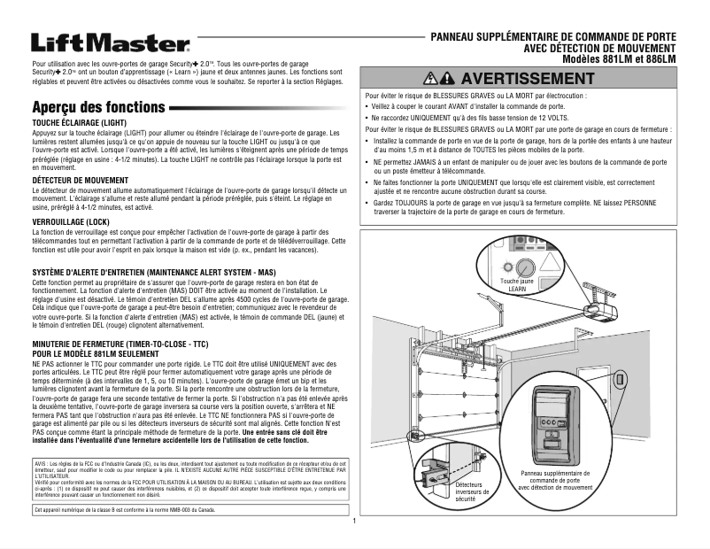 Page 1 de la notice Manuel utilisateur LiftMaster 886LM