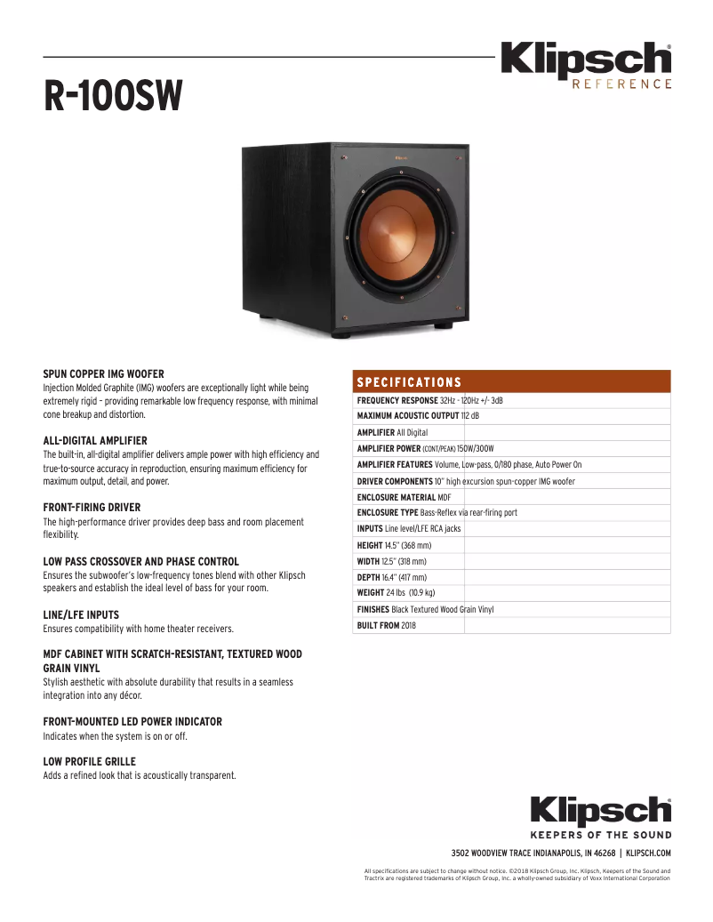 Page 1 de la notice Fiche technique Klipsch R-100SW