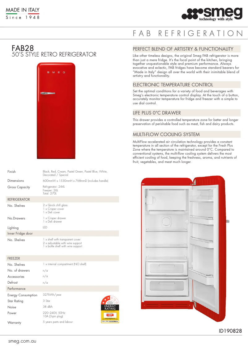 Page 1 de la notice Fiche technique Smeg FAB28LBL3