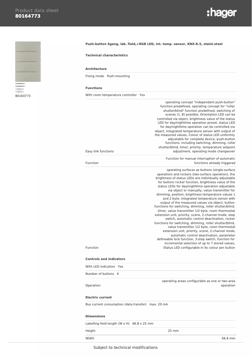 Page 1 de la notice Fiche technique Berker 80164773