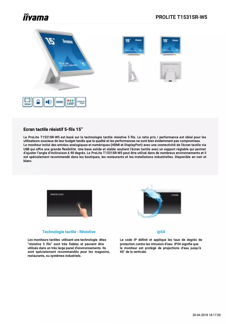 Page 1 de la notice Manuel utilisateur Iiyama ProLite T1531SR-W5