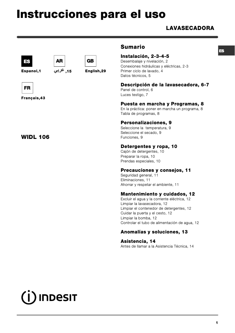 Página 1 del manual Manual de usuario Indesit WIDL 106 (EX)