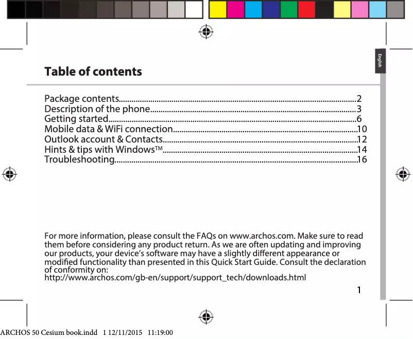 Page 1 of the manual User Manual Archos 50 Cesium