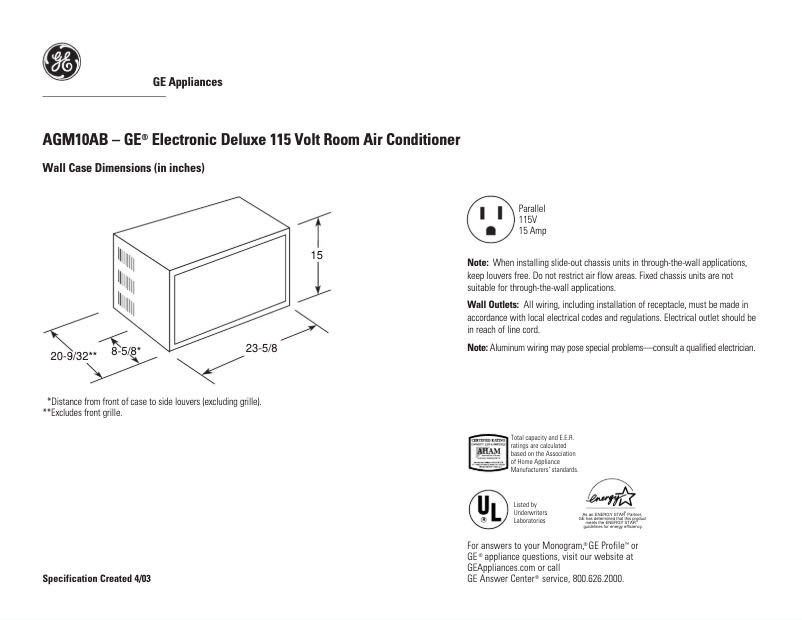 Página 1 del manual Ficha técnica GE AGM10AB