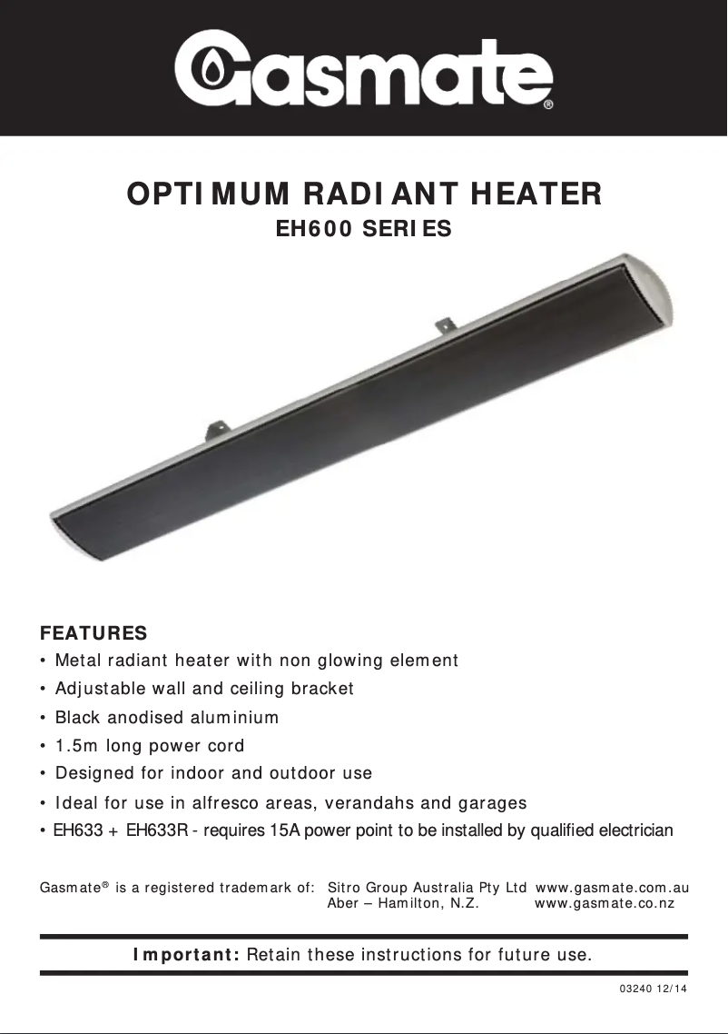 Page 1 de la notice Manuel utilisateur Gasmate EH623RB