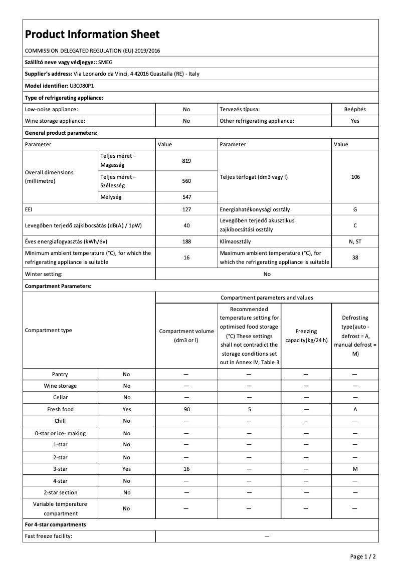 Page 1 de la notice Fiche technique Smeg U3C080P1