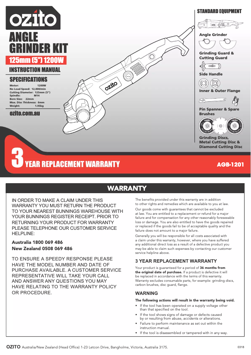 Page 1 de la notice Mode d'emploi Ozito AGB-1201