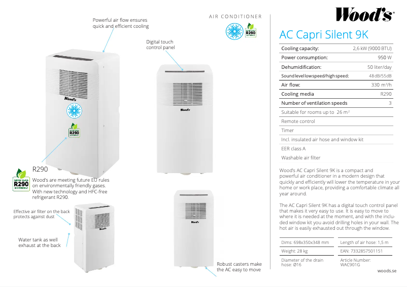 Página 1 del manual Ficha técnica Wood's Capri Silent 9K