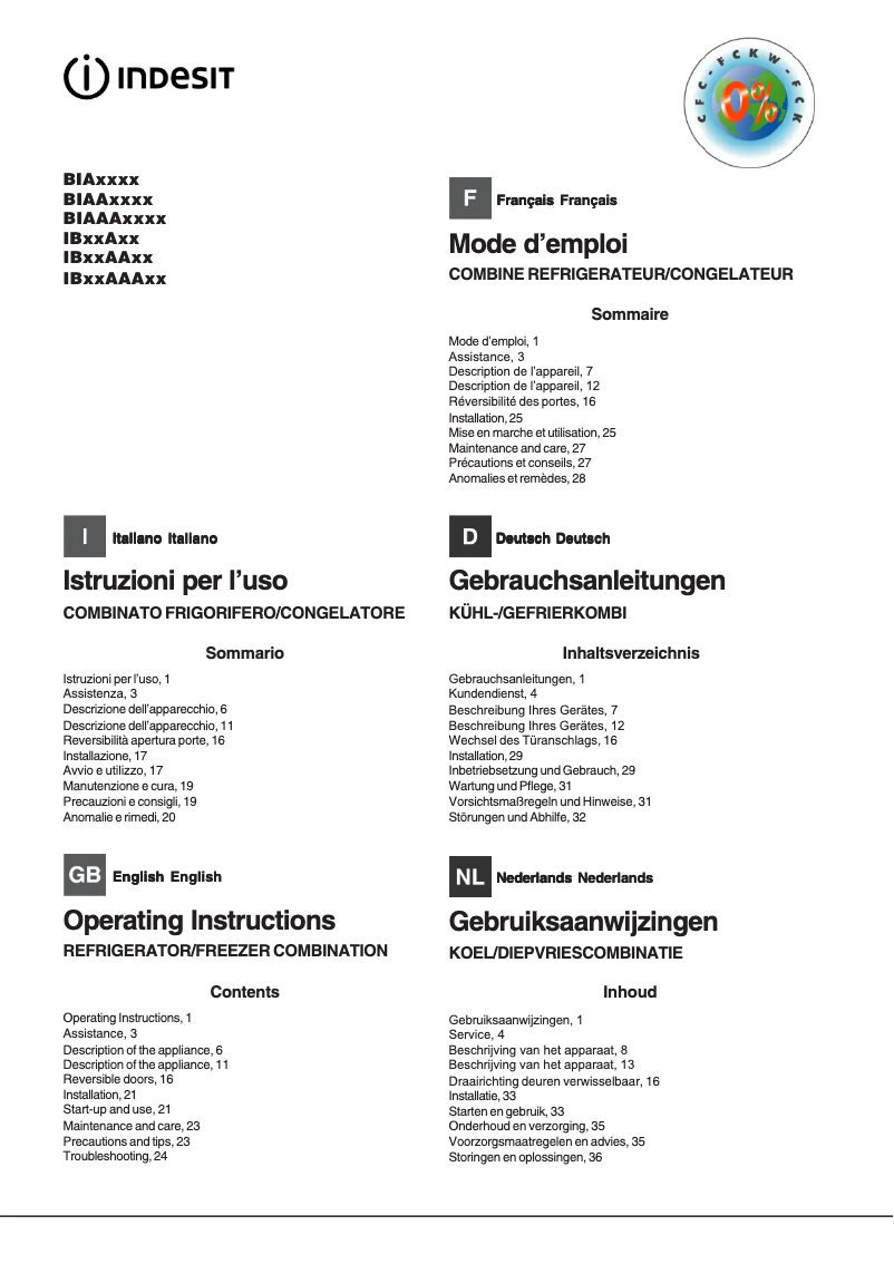 Page n°1 - Manuel utilisateur Indesit BIAA 33 F S D