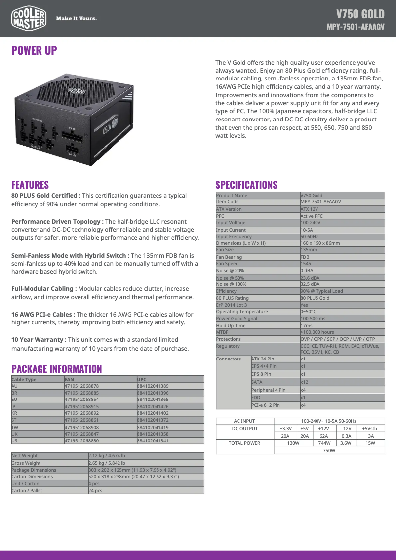 Page 1 de la notice Fiche technique Cooler Master V750 Gold