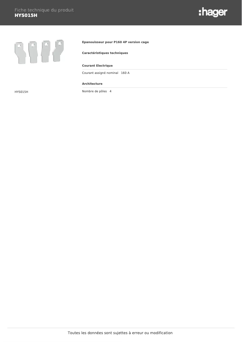 Page 1 de la notice Fiche technique Hager HYS015H