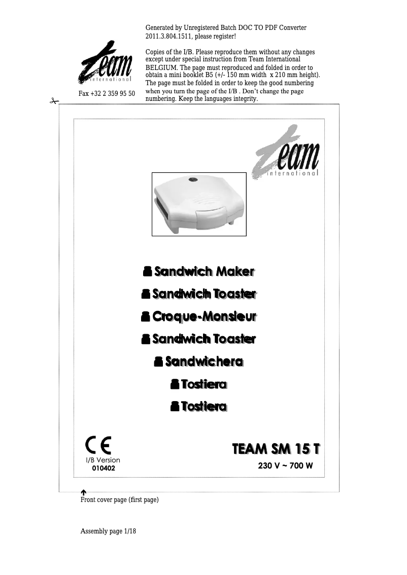 Page 1 de la notice Manuel utilisateur Team SM 15 T