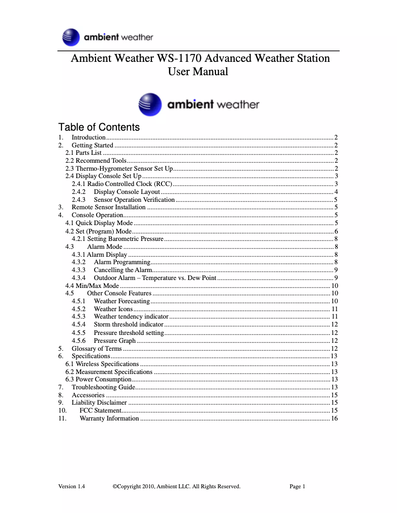 Page 1 de la notice Manuel utilisateur Ambient Weather WS-1170