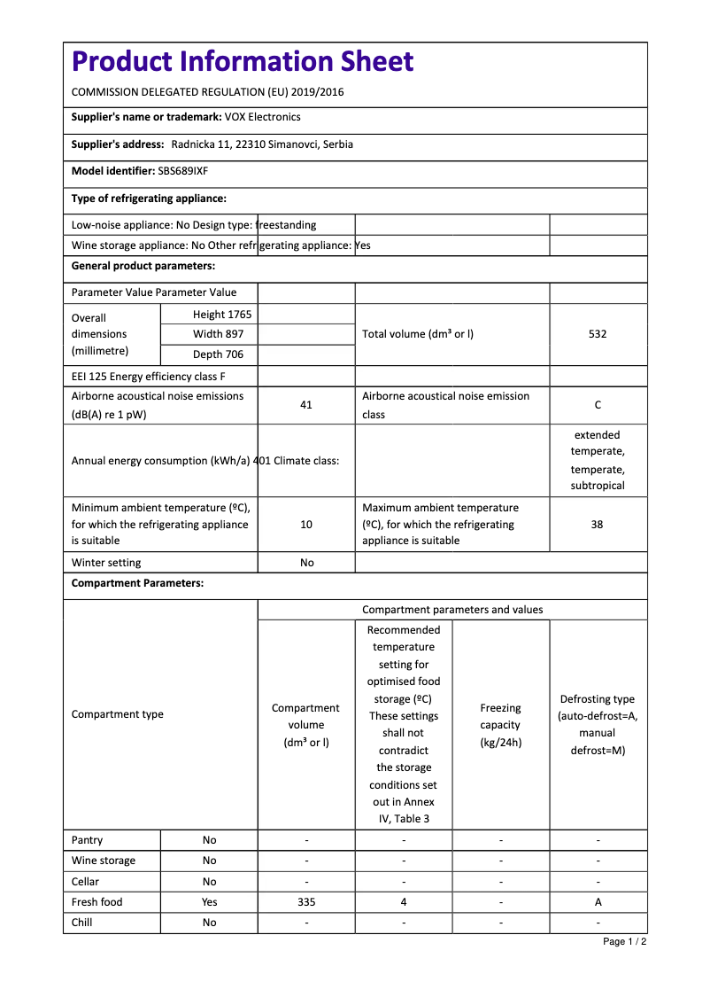 Página 1 del manual Ficha técnica VOX SBS689IXF