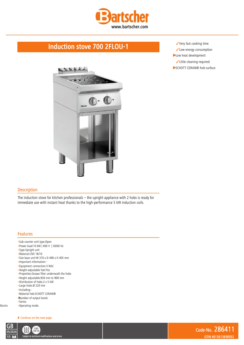 Page 1 de la notice Manuel utilisateur Bartscher 286411