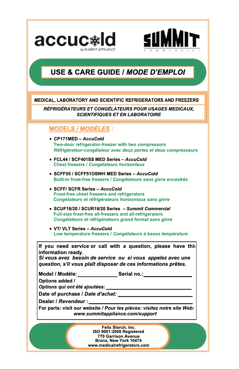Page 1 de la notice Guide d'installation Summit Accucold VLT650