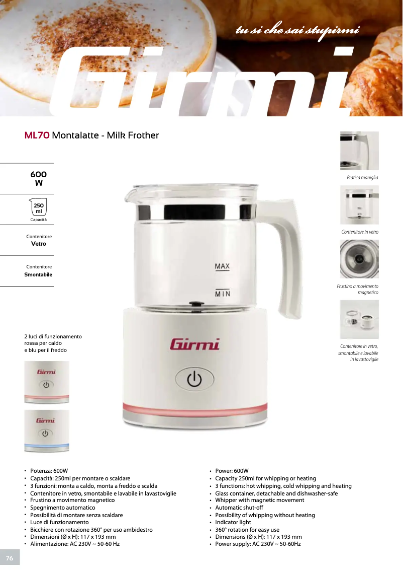 Página 1 del manual Ficha técnica Girmi ML70