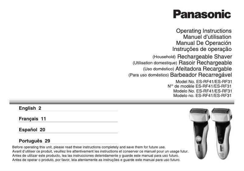 Page 1 de la notice Manuel utilisateur Panasonic ES-RF41 Wet & Dry