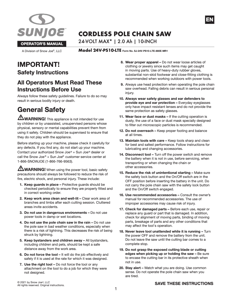 Página 1 del manual Manual de usuario Sun Joe BDL-A0203