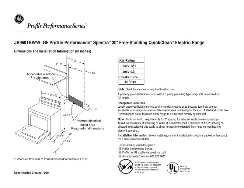 Page 1 of the manual Technical Sheet GE Profile Spectra 30" Free-Standing QuickClean JB960TBWW