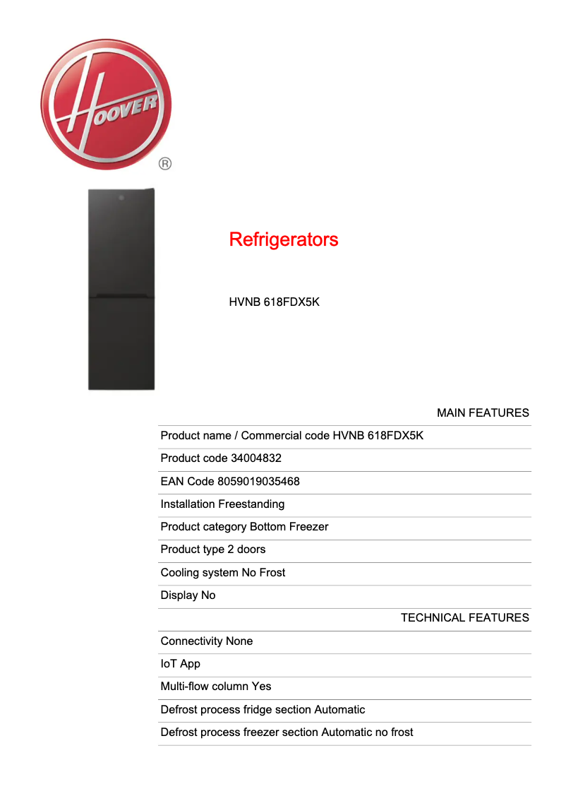 Página 1 del manual Ficha técnica Hoover HVNB 618FDX5K