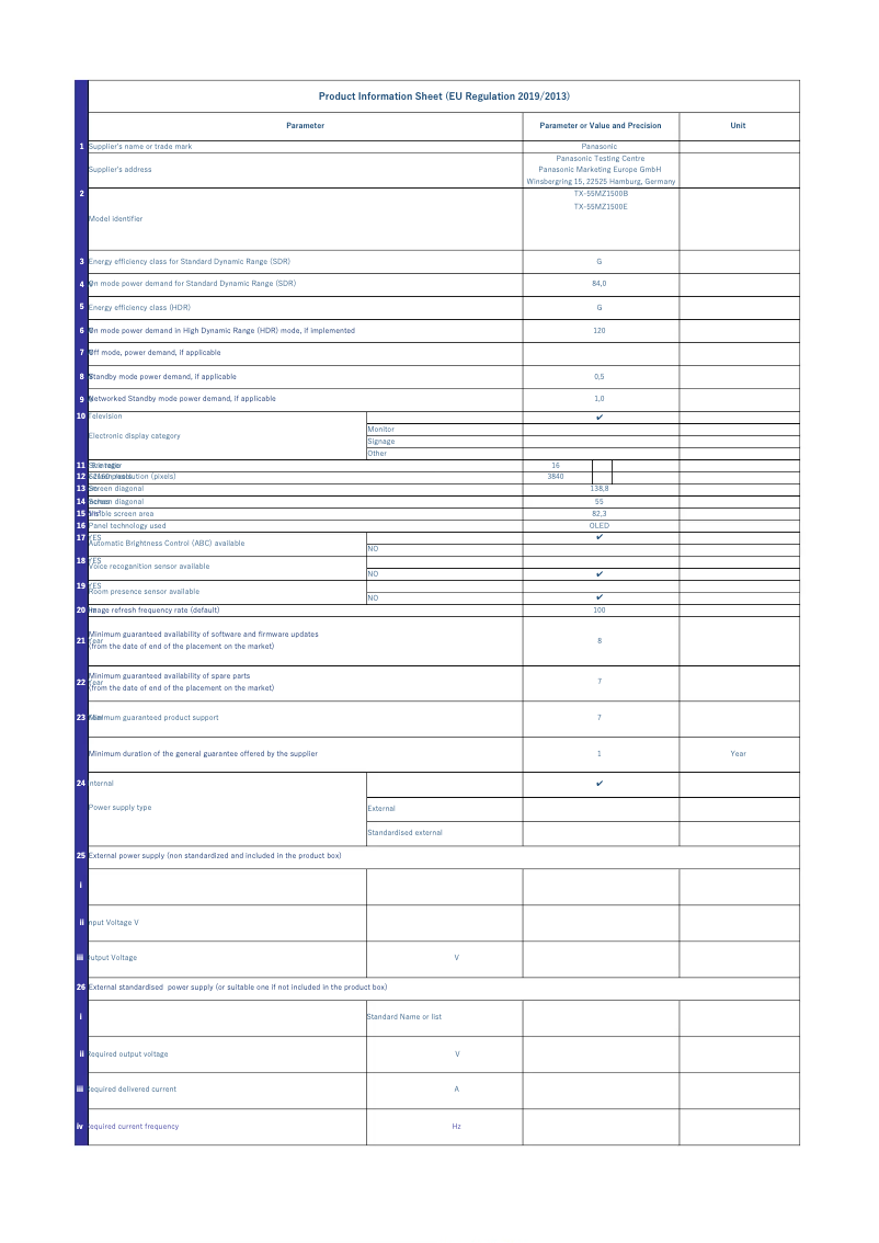 Page 1 of the manual Technical Sheet Panasonic TX-55MZ1500E