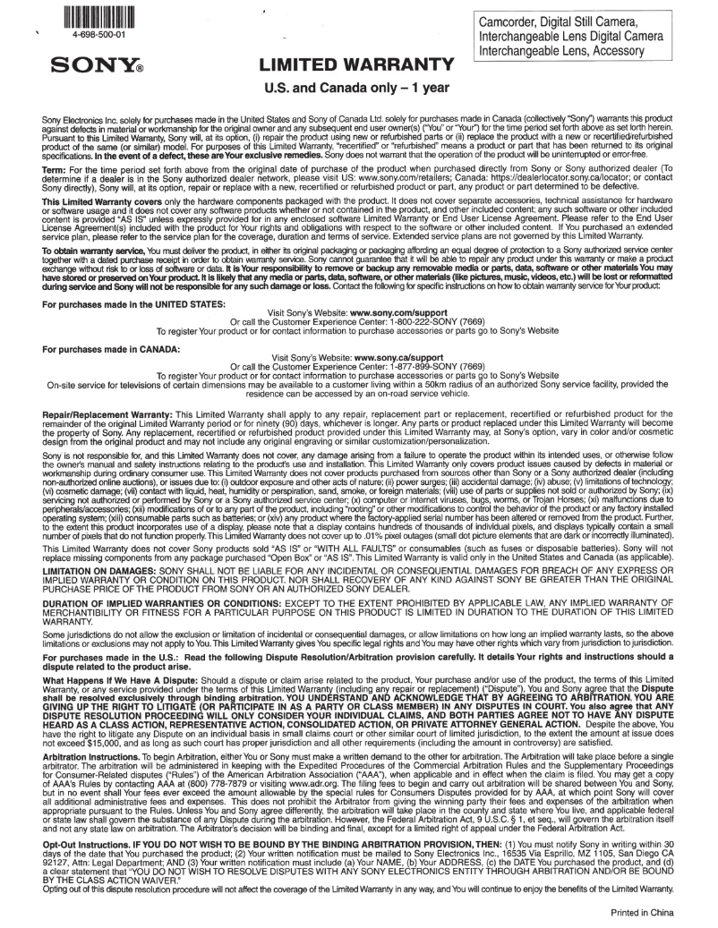 Page n°1 - Manuel utilisateur Sony NP-FZ100