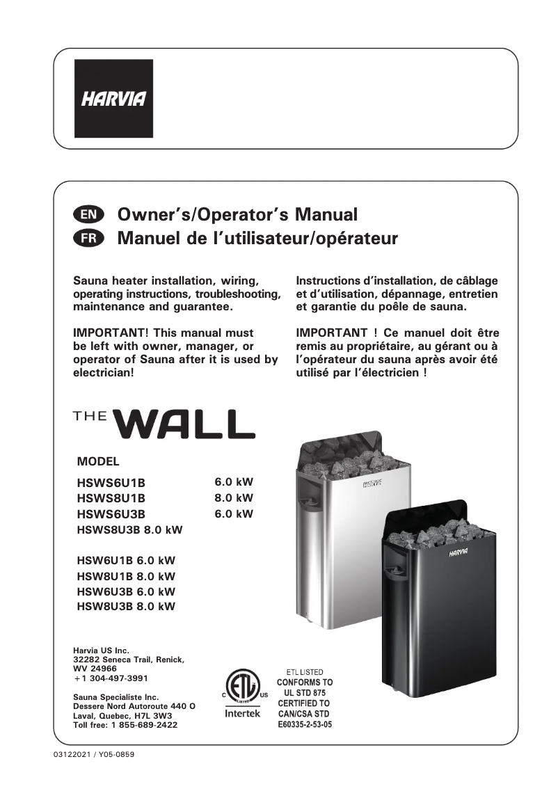Page 1 de la notice Manuel utilisateur Harvia The Wall SW80 HSWS8U1B