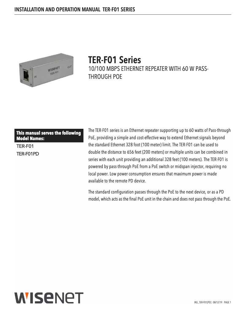 Page 1 de la notice Manuel utilisateur Hanwha TER-F01