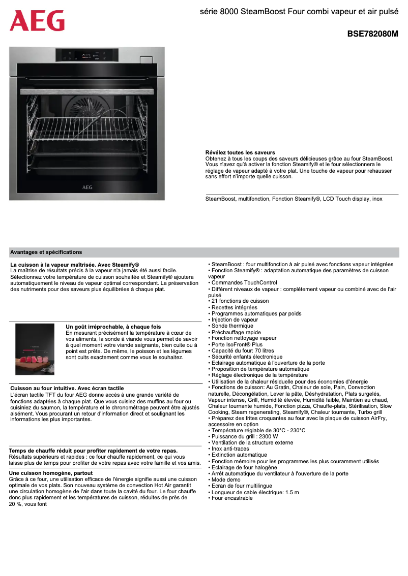 Page 1 de la notice Fiche technique AEG BSE782080M