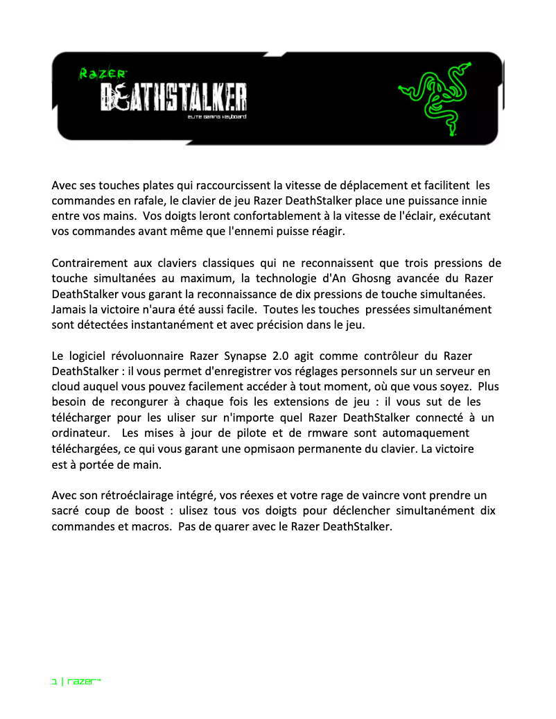 Page 1 de la notice Manuel utilisateur Razer DeathStalker