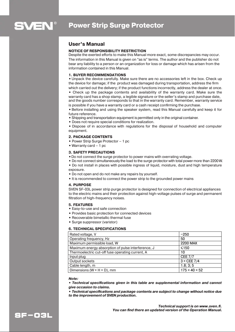 Page 1 de la notice Manuel utilisateur Sven SF-03L