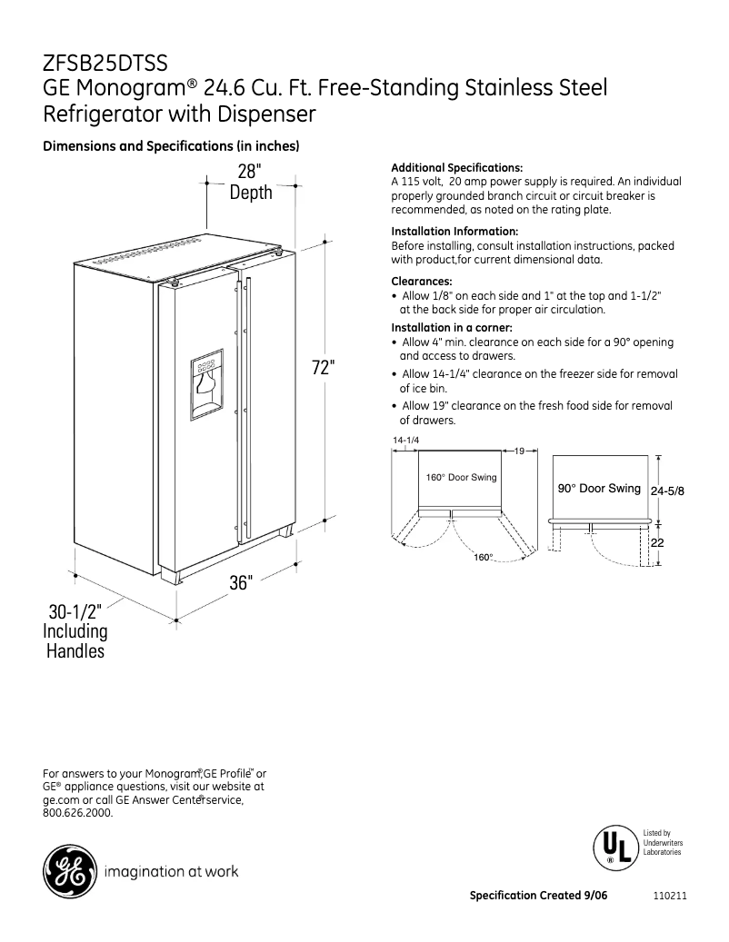 Página 1 del manual Ficha técnica GE ZFSB25DTSS