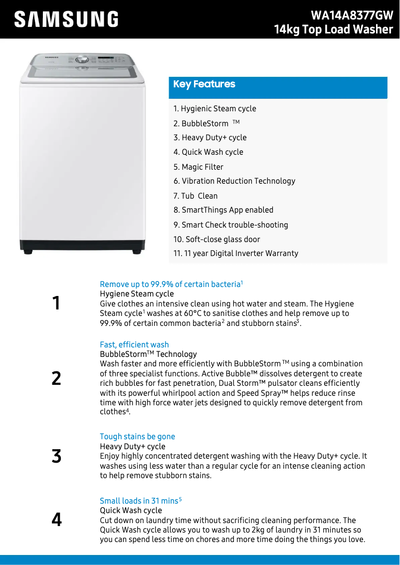 Página 1 del manual Ficha técnica Samsung WA14A8377GW