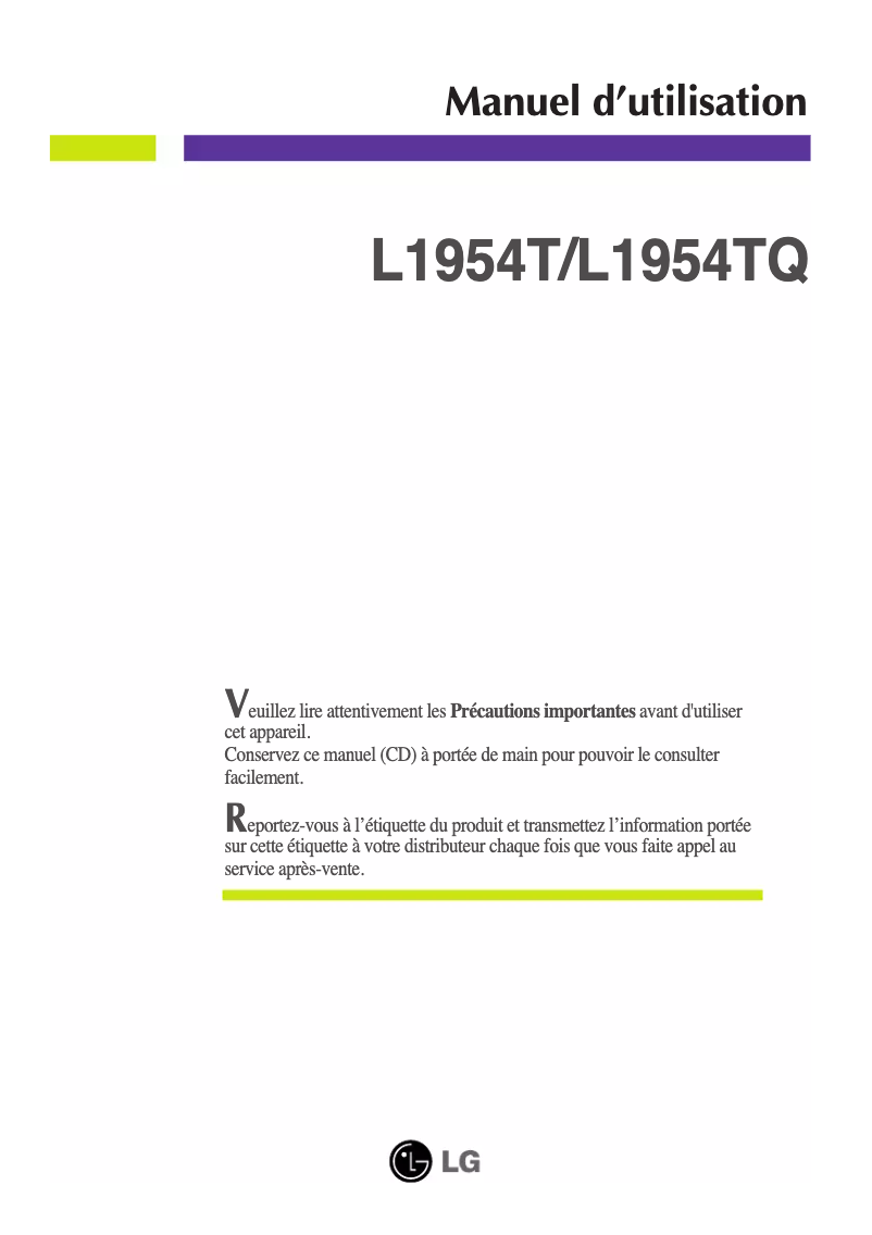 Page 1 de la notice Manuel utilisateur LG L1954TQ-PF