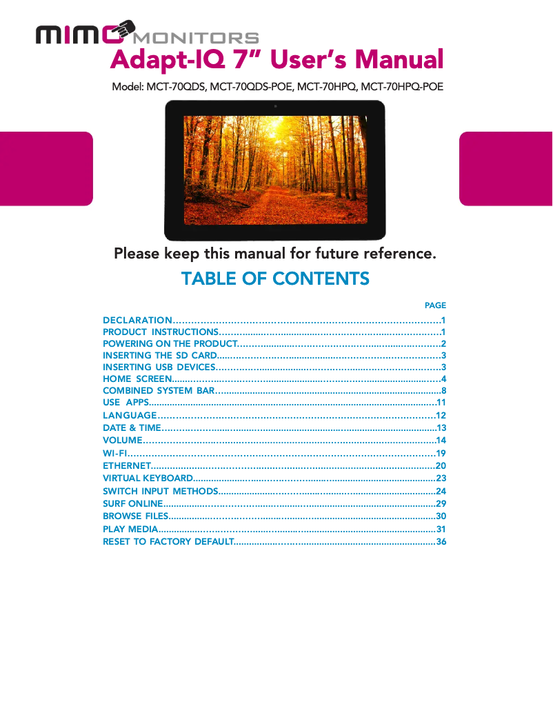 Page 1 de la notice Manuel utilisateur Mimo Monitors Adapt-IQ MCT-70HPQ