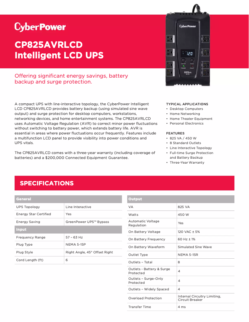 Page 1 de la notice Fiche technique CyberPower CP825AVRLCD